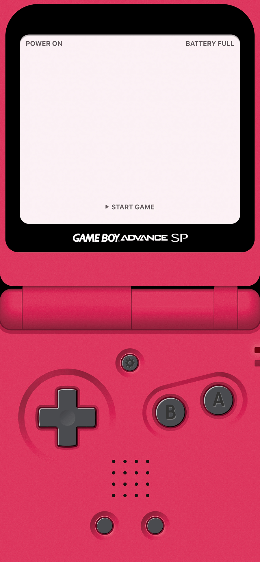 Ilustración minimalista de una consola Game Boy Advance SP rosa brillante con la pantalla encendida y controles detallados, formato vertical para móvil.