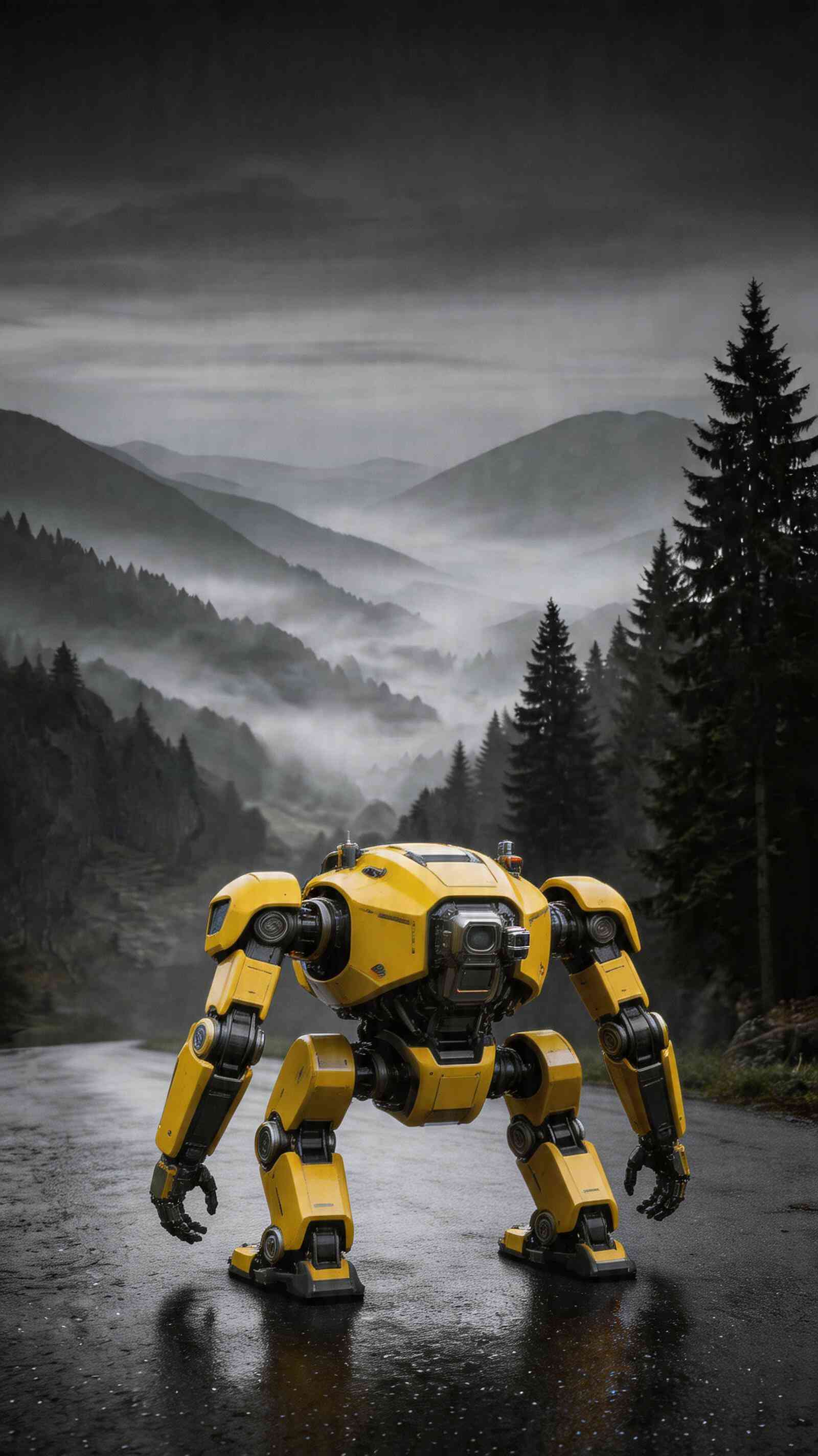 Yellow Robot in Misty Mountain Forest 4K Wallpaper