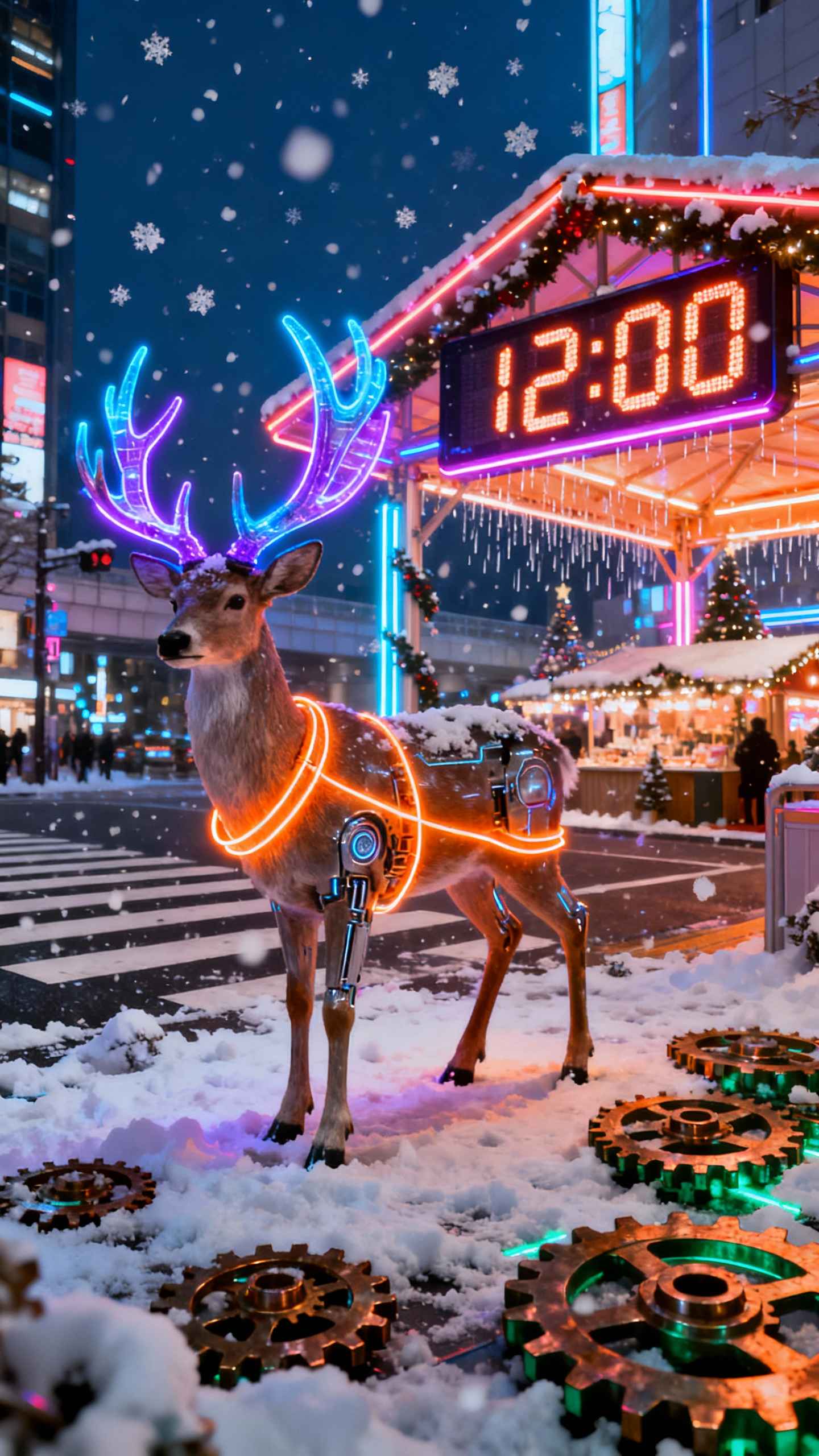 Cyberpunk Neon Reindeer Winter City - 4K Wallpapers