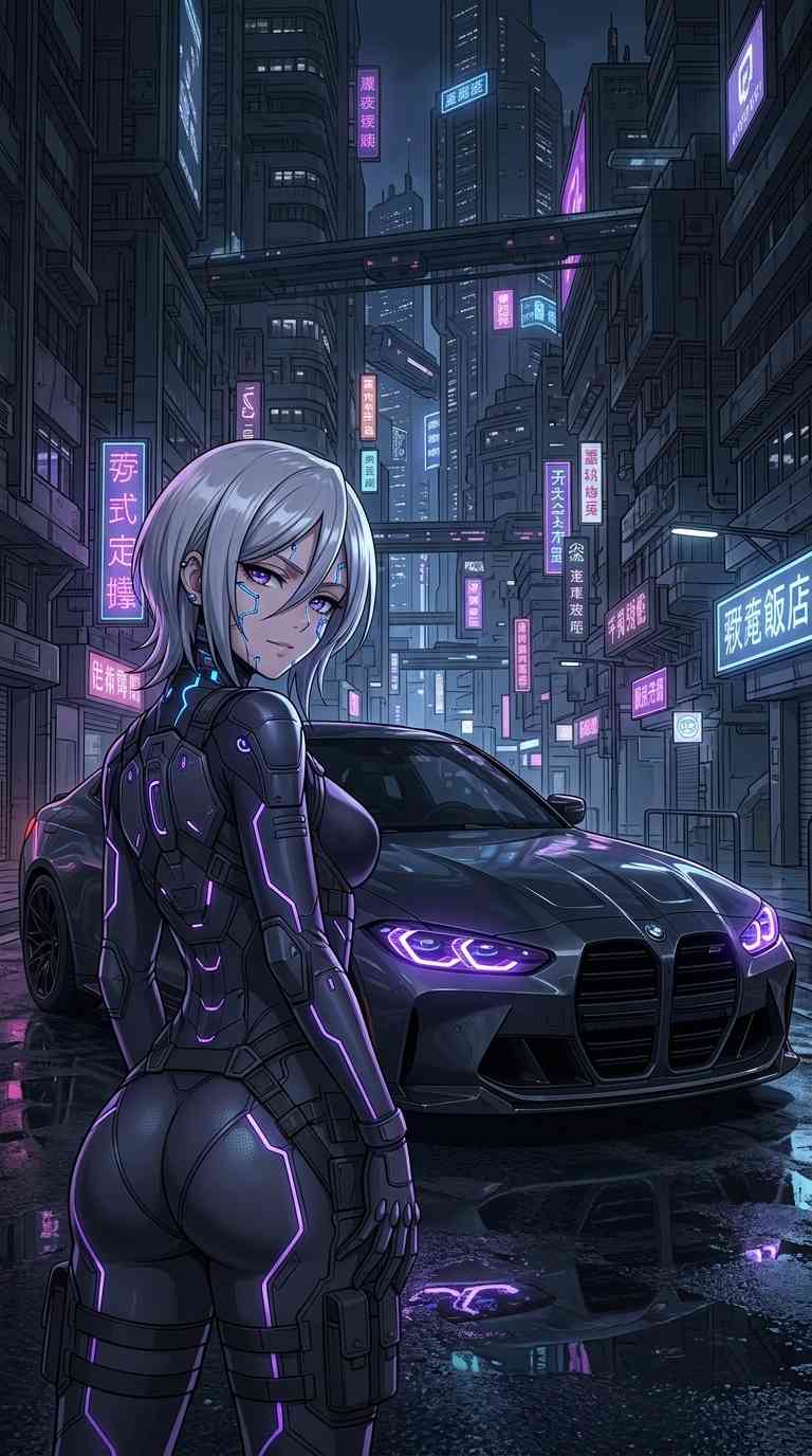 Cyberpunk Anime Girl mit Sportwagen - 4K Wallpaper