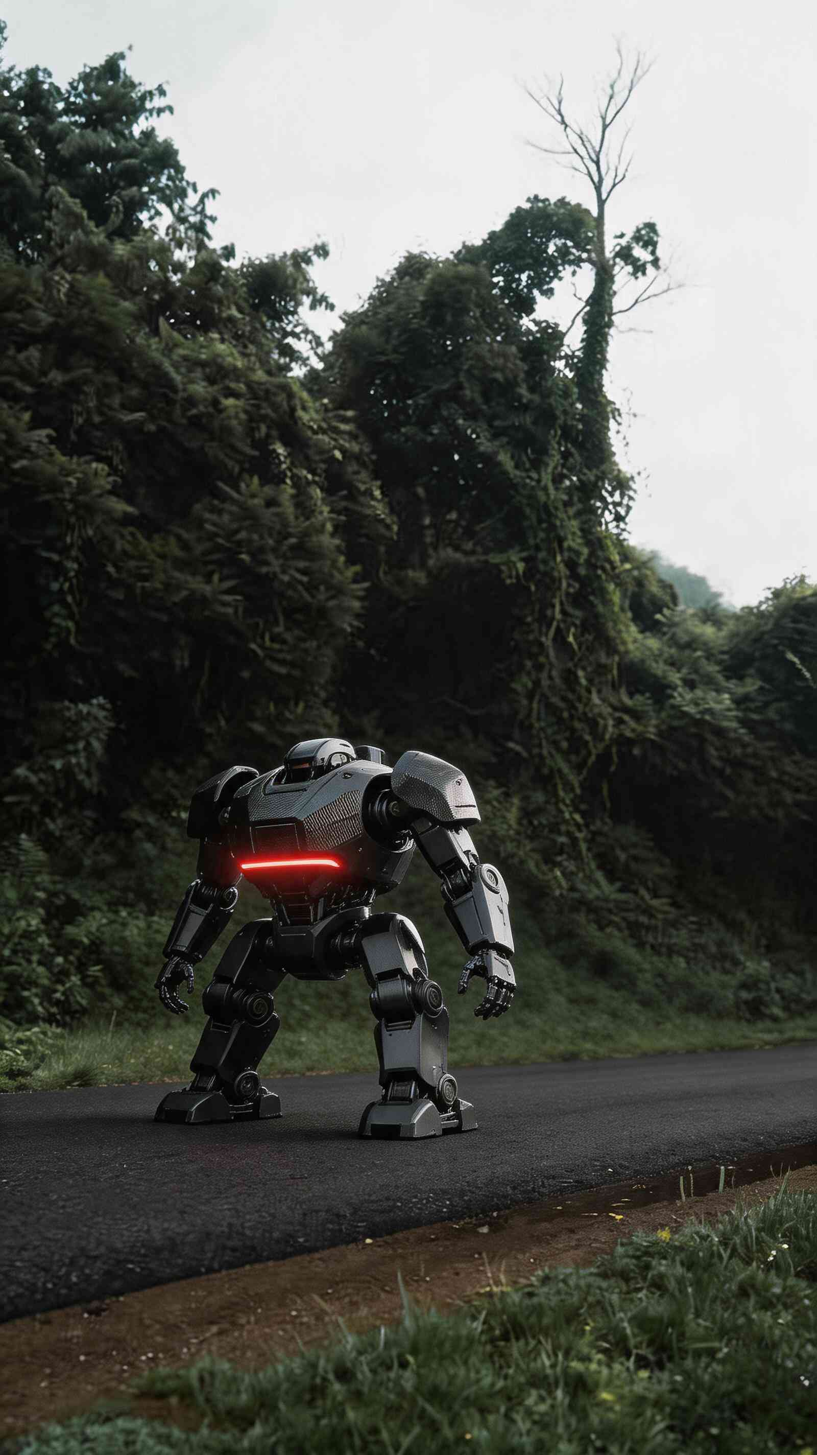 Futuristic Robot on Forest Road - 4K Mobile Wallpaper