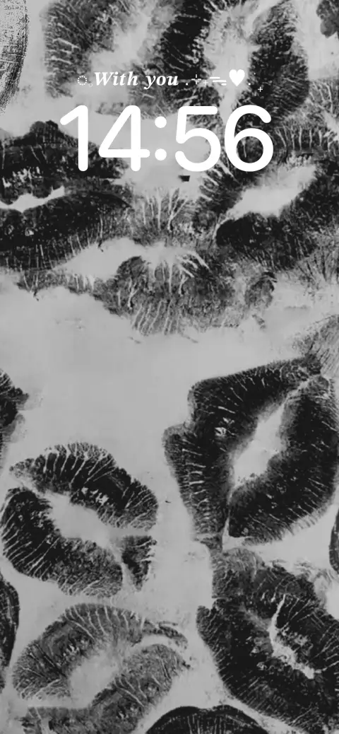 A black and white aesthetic background featuring multiple overlapping lipstick kiss marks, designed as a customizable live wallpaper template with editable text.