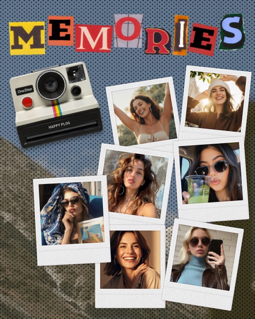 Un montage photo comprenant six cadres type Polaroid, un appareil photo vintage et le texte MEMORIES en lettres découpées sur un fond bleu à pois.