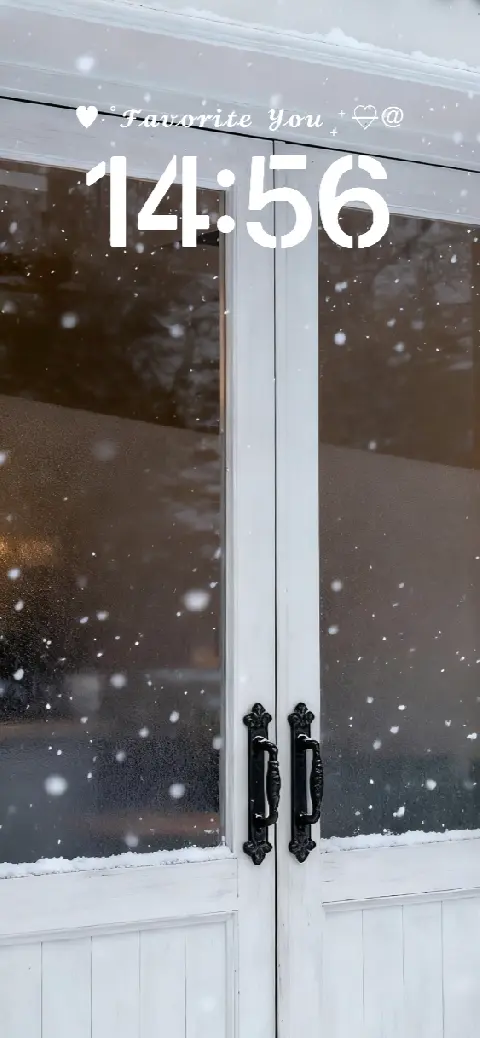 Aesthetic white French doors with falling snow, a customizable live wallpaper template featuring editable text and clock.