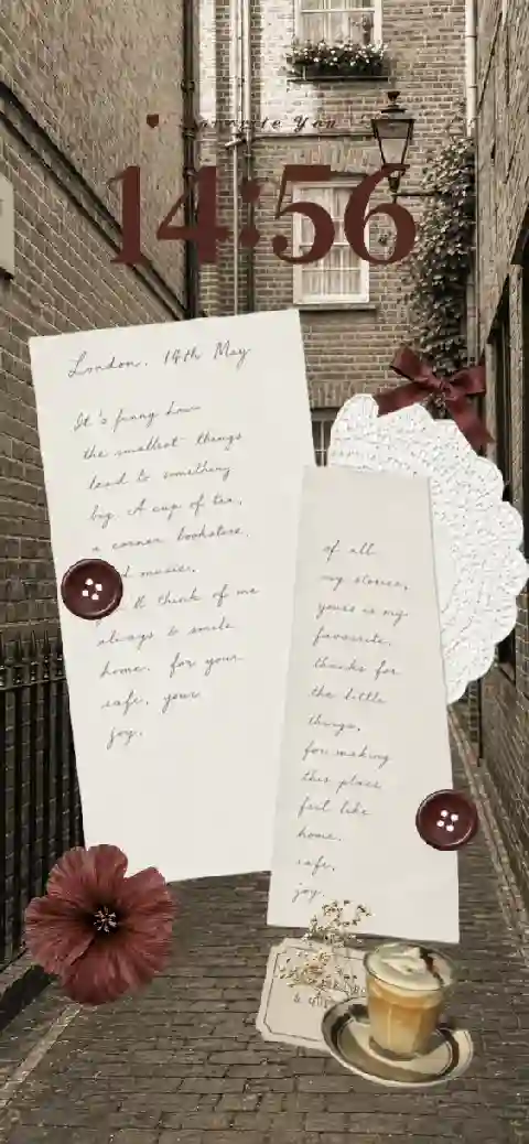 Vintage London street background with customizable paper notes, buttons, and coffee for a DIY live wallpaper.