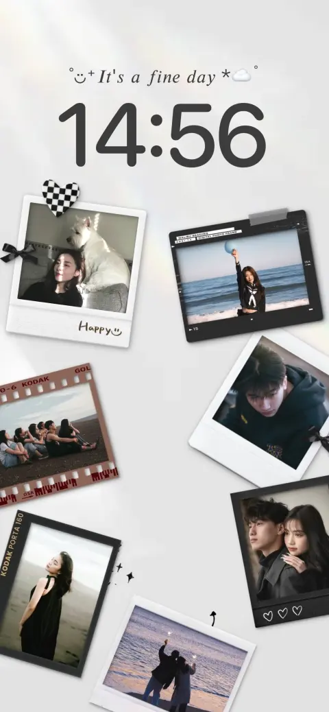 A white aesthetic live wallpaper template featuring multiple customizable Polaroid and film strip photo frames arranged in a collage style with tiny heart and ribbon accents.