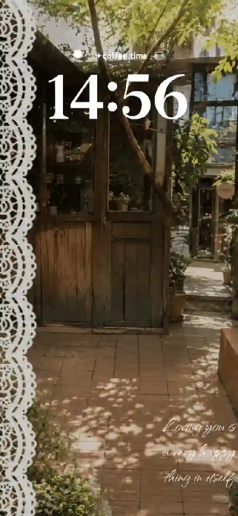 Vintage cafe terrace with lace border and customizable text areas.