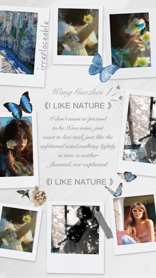A collage template with a light grey textured background, featuring 8 Polaroid-style photo frames arranged in a freestyle scrapbook layout. Decorative elements include blue butterflies, small flowers, and a central poem titled 'I LIKE NATURE'.