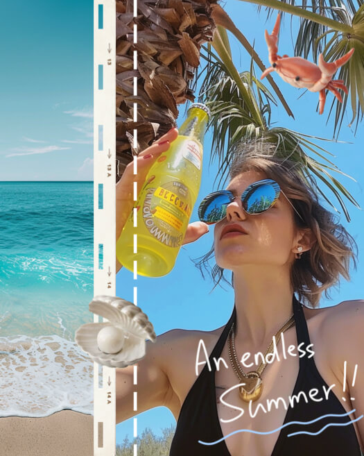 Collage de playa de verano con separador de película, palmeras, pegatina de concha y cangrejo.