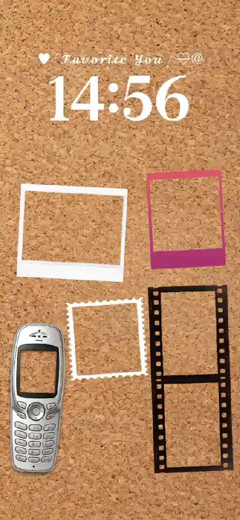 Corkboard background with five customizable photo frames and a retro mobile phone screen insert.