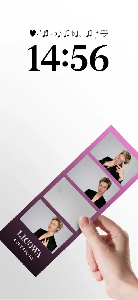 A hand holding a purple 4-cut photo booth strip on a minimalist white background, a customizable live wallpaper template.