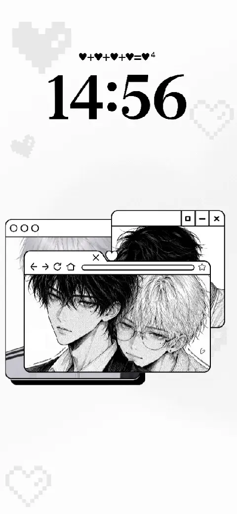 Monochrome manga boy wallpaper template featuring customizable browser windows and pixel hearts for a DIY lock screen.
