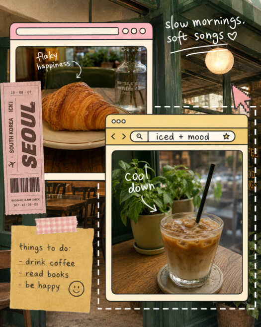 Un montage photo style fenêtre d'ordinateur Y2K avec un croissant, un café glacé et des éléments de voyage à Séoul.