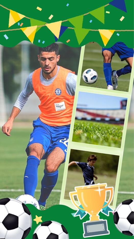 Modèle de montage photo sur le thème du football avec 4 emplacements, décoré de ballons de foot, d'un trophée et de guirlandes sur fond vert.