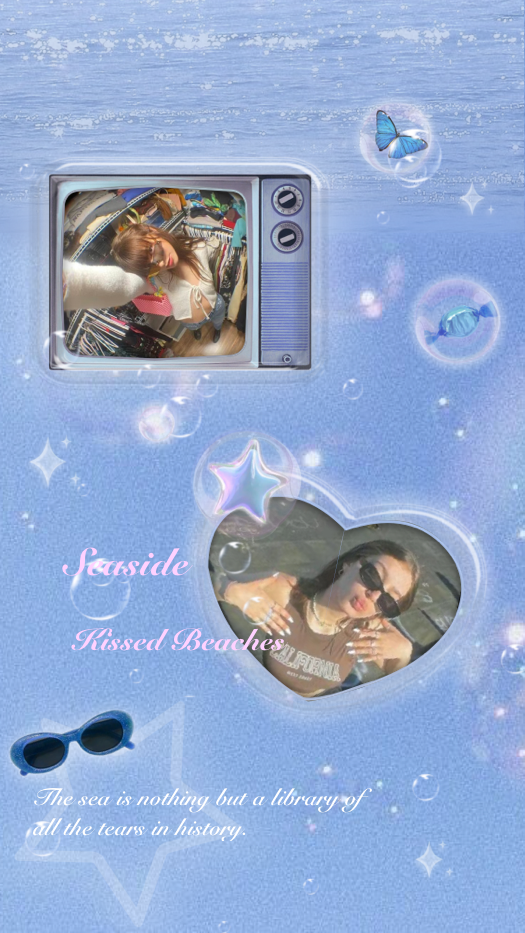 A soft blue aesthetic collage template featuring a retro television frame, a heart-shaped photo frame, blue butterflies, bubbles, and holographic stars with the text 'Seaside Kissed Beaches'.