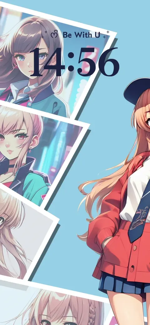 Anime girl photo collage template for customizable live wallpaper with Polaroid frames on a light blue background.