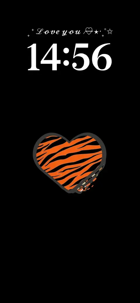 A minimalist black background with a central orange and black tiger-striped heart, featuring customizable text and clock area for a live wallpaper template.