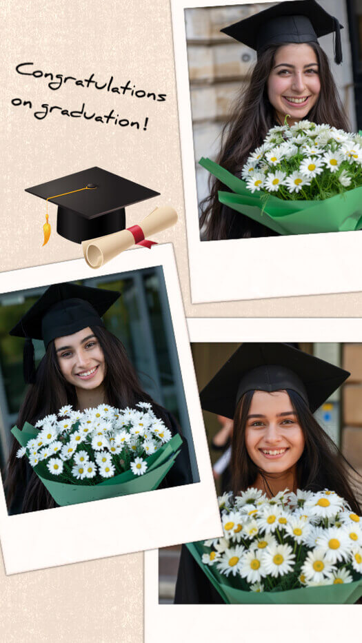 A graduation-themed photo collage with three Polaroid-style frames, featuring a mortarboard cap, a rolled diploma, and the handwritten text 'Congratulations on graduation!' on a textured beige background.