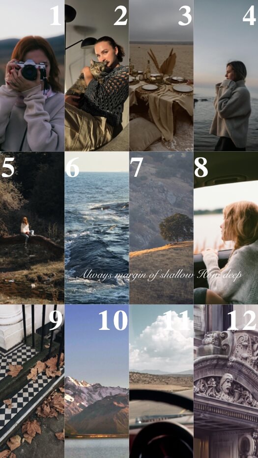 A 3x4 grid collage template with 12 slots numbered 1-12. Photos include travel, nature, and lifestyle scenes in a muted vintage tone with white cursive text across the middle.