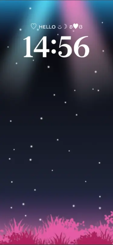 A customizable live wallpaper template featuring a dark starry night sky with blue and pink spotlights and pink grass at the bottom.